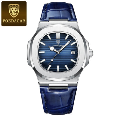 POEDAGAR luxury men's square quartz watch with leather strap, luminous hands, and waterproof date display