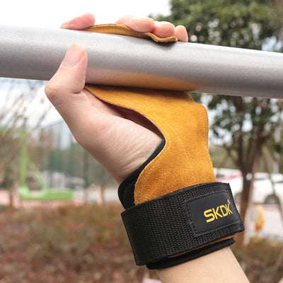Cowhide palm guard gym grips with wrist wraps for weightlifting