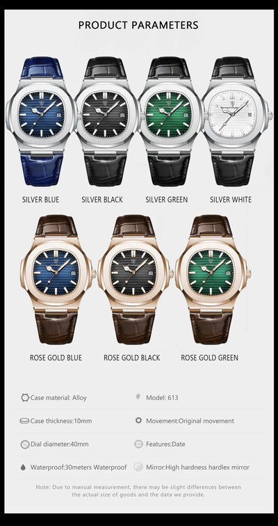 POEDAGAR luxury men's square quartz watch with leather strap, luminous hands, and waterproof date display