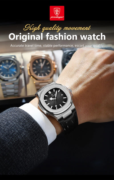 POEDAGAR luxury men's square quartz watch with leather strap, luminous hands, and waterproof date display