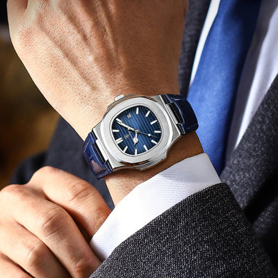 POEDAGAR luxury men's square quartz watch with leather strap, luminous hands, and waterproof date display