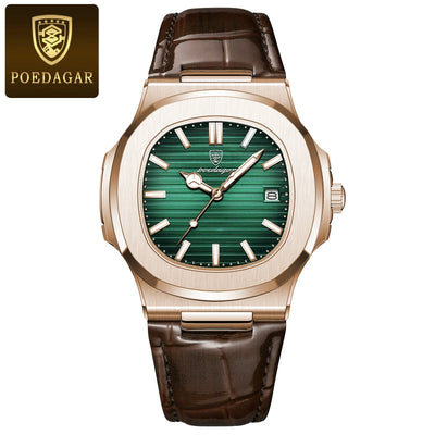 POEDAGAR luxury men's square quartz watch with leather strap, luminous hands, and waterproof date display