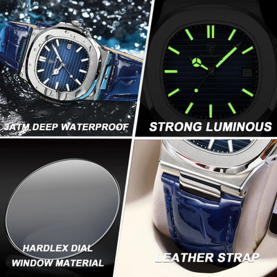POEDAGAR luxury men's square quartz watch with leather strap, luminous hands, and waterproof date display