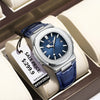 POEDAGAR luxury men's square quartz watch with leather strap, luminous hands, and waterproof date display