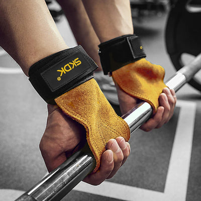 Cowhide palm guard gym grips with wrist wraps for weightlifting