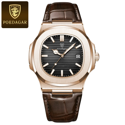 POEDAGAR luxury men's square quartz watch with leather strap, luminous hands, and waterproof date display