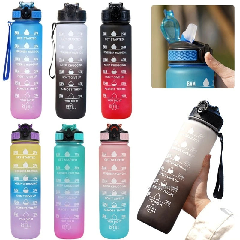1pc 1000ml Large Capacity Gradient Water Bottle,Water Bottle with Straw 1 Litre Leakproof with Time Marker,for Sports Fitness