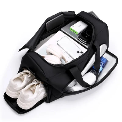Large sports travel duffel bag with shoe storage and multiple compartments