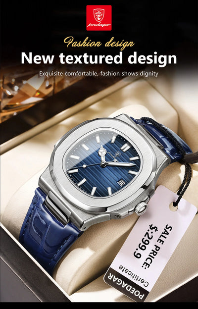 POEDAGAR luxury men's square quartz watch with leather strap, luminous hands, and waterproof date display