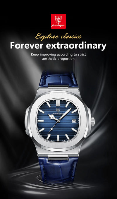 POEDAGAR luxury men's square quartz watch with leather strap, luminous hands, and waterproof date display