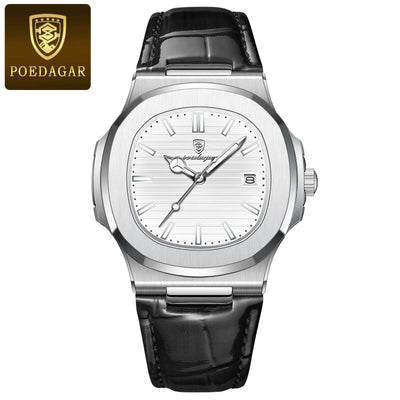 POEDAGAR luxury men's square quartz watch with leather strap, luminous hands, and waterproof date display