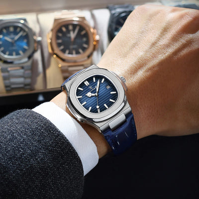POEDAGAR luxury men's square quartz watch with leather strap, luminous hands, and waterproof date display