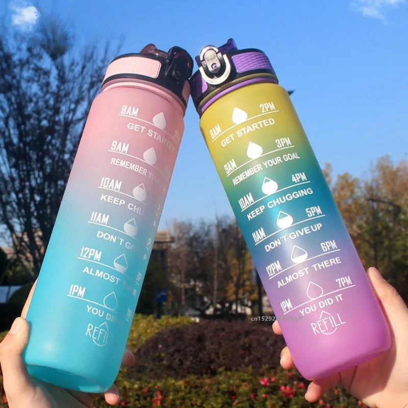 1pc 1000ml Large Capacity Gradient Water Bottle,Water Bottle with Straw 1 Litre Leakproof with Time Marker,for Sports Fitness