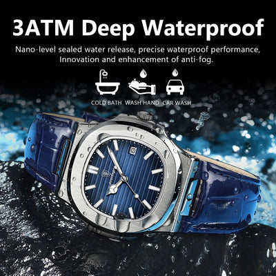 POEDAGAR luxury men's square quartz watch with leather strap, luminous hands, and waterproof date display