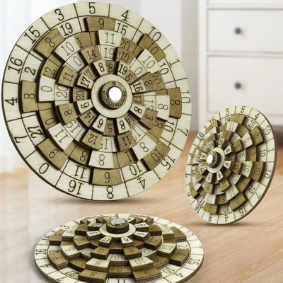 Wooden logic puzzle toy with numbers, maze design, and turntable