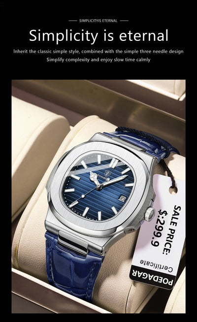 POEDAGAR luxury men's square quartz watch with leather strap, luminous hands, and waterproof date display