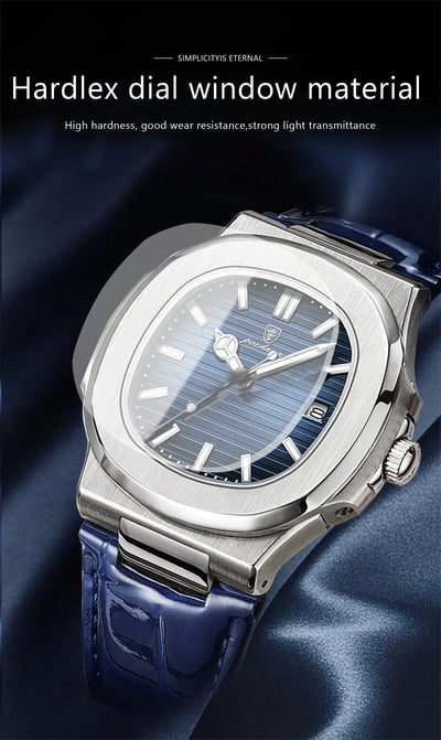 POEDAGAR luxury men's square quartz watch with leather strap, luminous hands, and waterproof date display