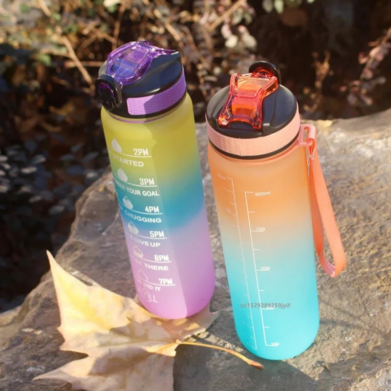 1pc 1000ml Large Capacity Gradient Water Bottle,Water Bottle with Straw 1 Litre Leakproof with Time Marker,for Sports Fitness