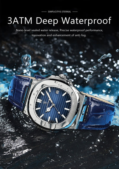 POEDAGAR luxury men's square quartz watch with leather strap, luminous hands, and waterproof date display