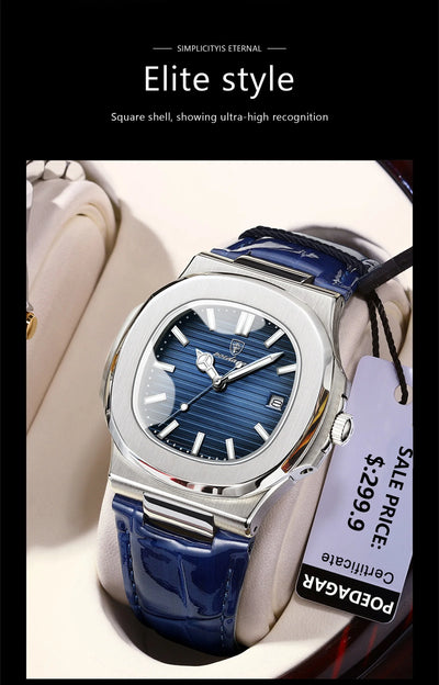 POEDAGAR luxury men's square quartz watch with leather strap, luminous hands, and waterproof date display