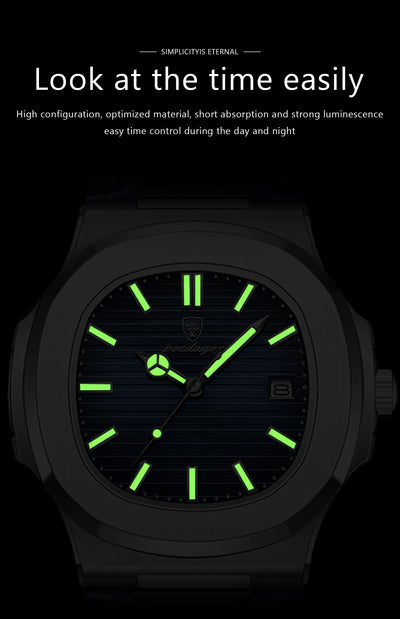 POEDAGAR luxury men's square quartz watch with leather strap, luminous hands, and waterproof date display
