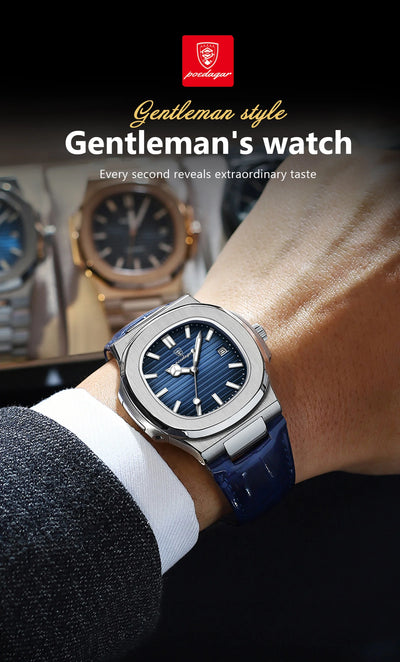 POEDAGAR luxury men's square quartz watch with leather strap, luminous hands, and waterproof date display