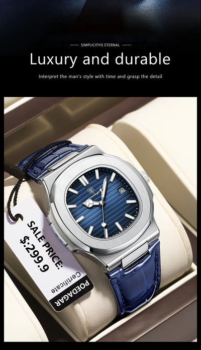 POEDAGAR luxury men's square quartz watch with leather strap, luminous hands, and waterproof date display