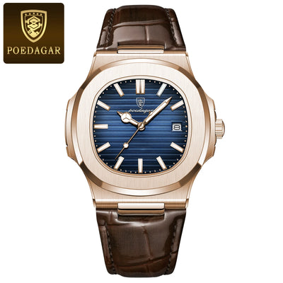 POEDAGAR luxury men's square quartz watch with leather strap, luminous hands, and waterproof date display