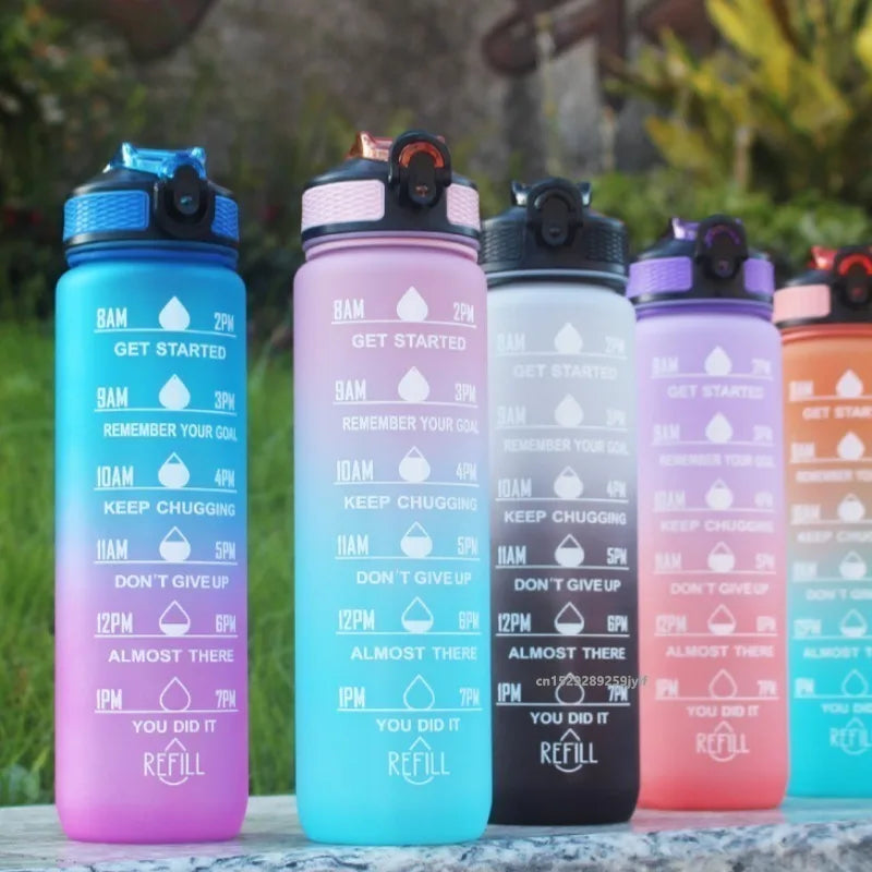 1pc 1000ml Large Capacity Gradient Water Bottle,Water Bottle with Straw 1 Litre Leakproof with Time Marker,for Sports Fitness